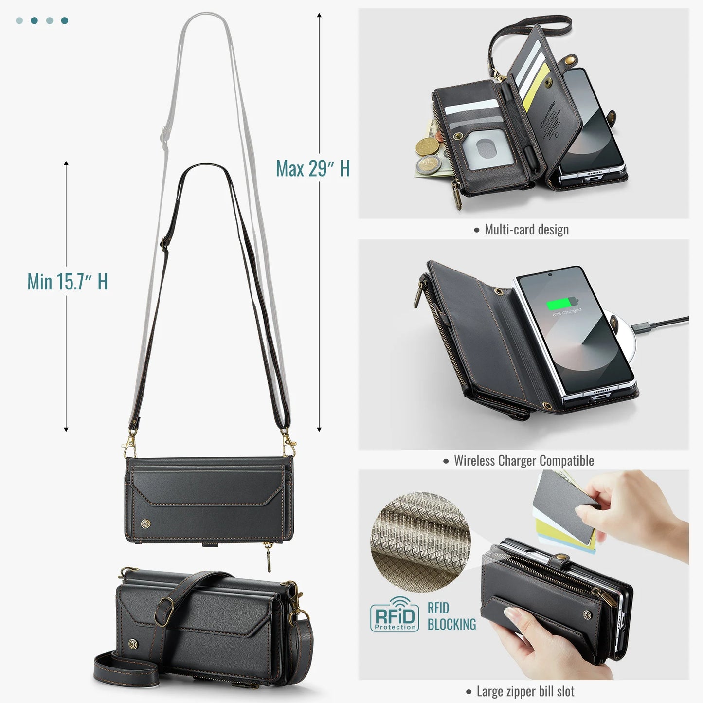 Étui portefeuille pour Samsung Galaxy Z Fold – Cuir PU avec sangle, fermeture éclair et porte-cartes (modèles 4/5/6/7)
