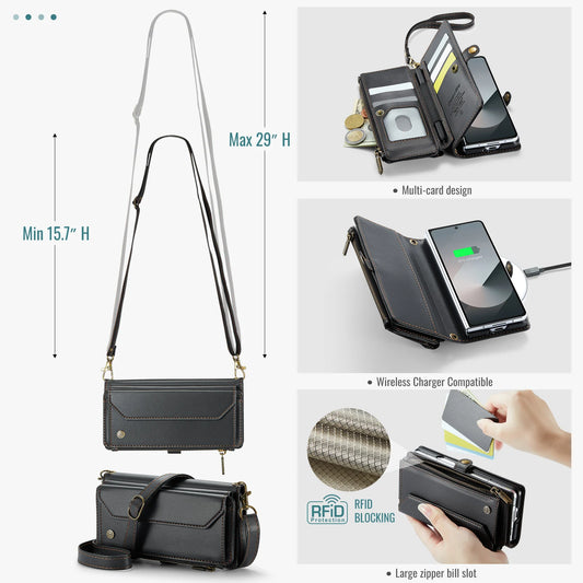Étui portefeuille pour Samsung Galaxy Z Fold – Cuir PU avec sangle, fermeture éclair et porte-cartes (modèles 4/5/6/7)