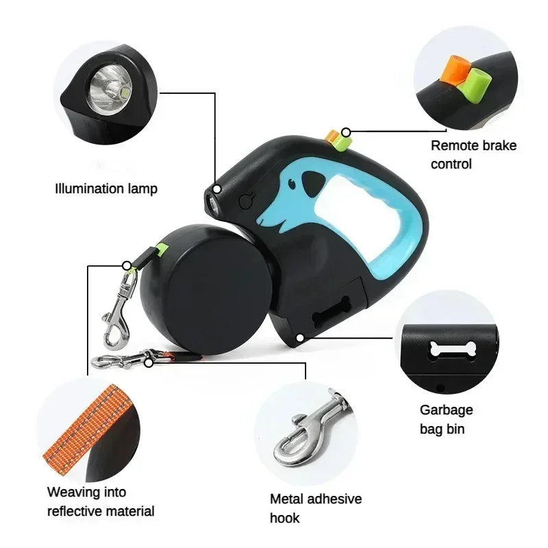 3M Retractable Leash for 2 Dogs with Flashlight & Poop Bag Holder