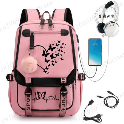 HeartWings™ – Elegante mochila escolar USB con estampado de mariposas y corazones 