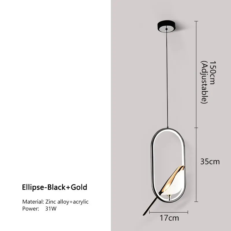 Magpie Bird LED Pendant Lamp – Modern Black & Silver Hanging Light for Bedroom & Living Room