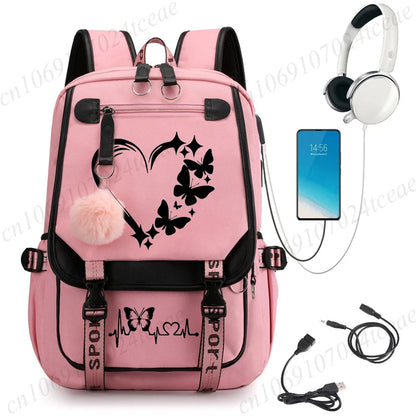 HeartWings™ – Elegante mochila escolar USB con estampado de mariposas y corazones 