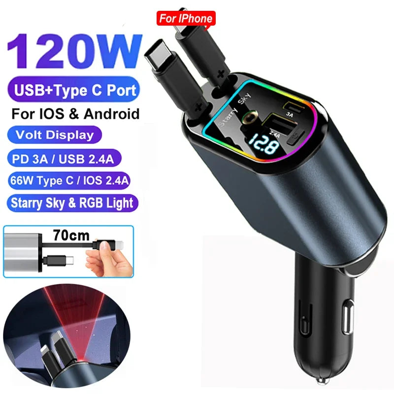 4-in-1 Car Charger – Fast Charge with Starlight Roof Effect