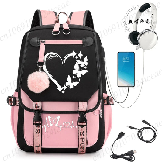 HeartWings™ – Elegante mochila escolar USB con estampado de mariposas y corazones 