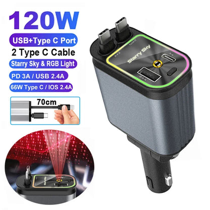 4-in-1 Car Charger – Fast Charge with Starlight Roof Effect