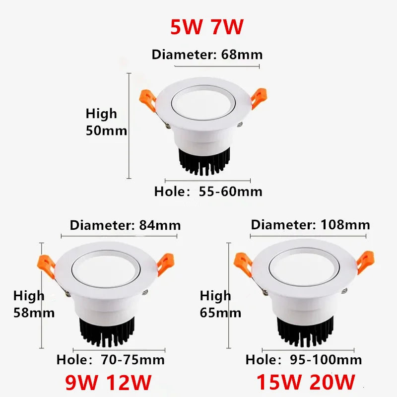High-Performance LED Downlight – Adjustable Anti-Glare COB Ceiling Spotlight (5W–20W, CRI>98, Dimmable)