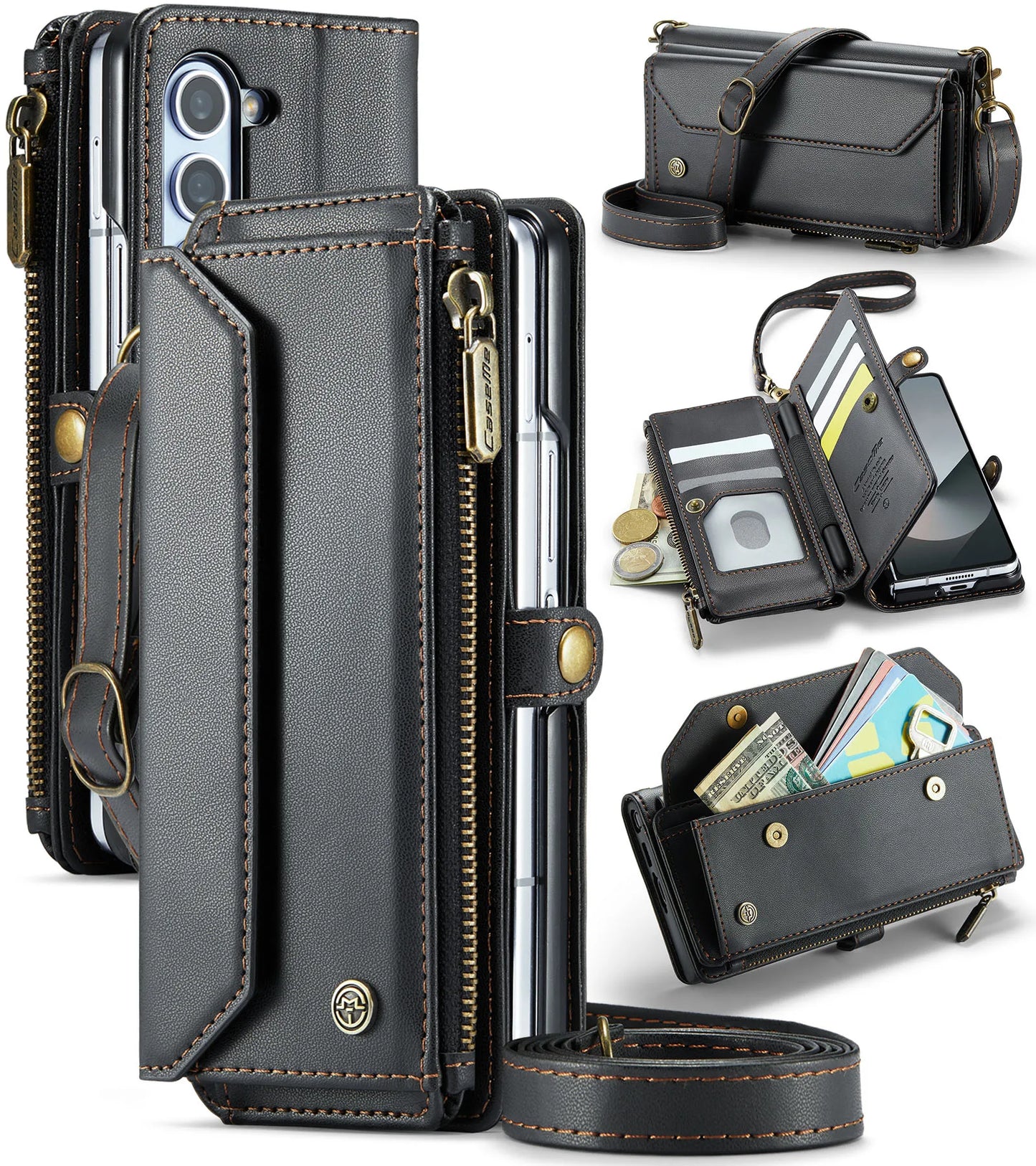 Étui portefeuille pour Samsung Galaxy Z Fold – Cuir PU avec sangle, fermeture éclair et porte-cartes (modèles 4/5/6/7)
