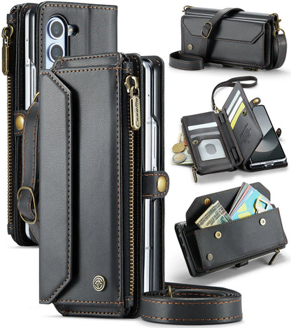 Étui portefeuille pour Samsung Galaxy Z Fold – Cuir PU avec sangle, fermeture éclair et porte-cartes (modèles 4/5/6/7)