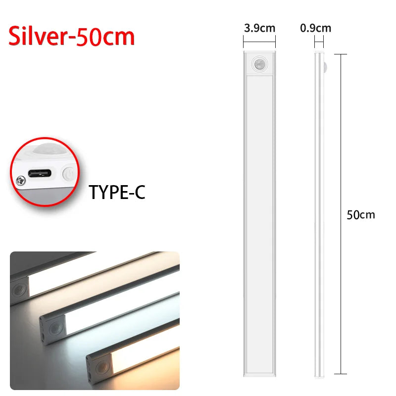 LED Motion Sensor Night Light – Wireless USB Wardrobe & Cabinet Lamp, 20/30/40/60CM for Kitchen & Bedroom