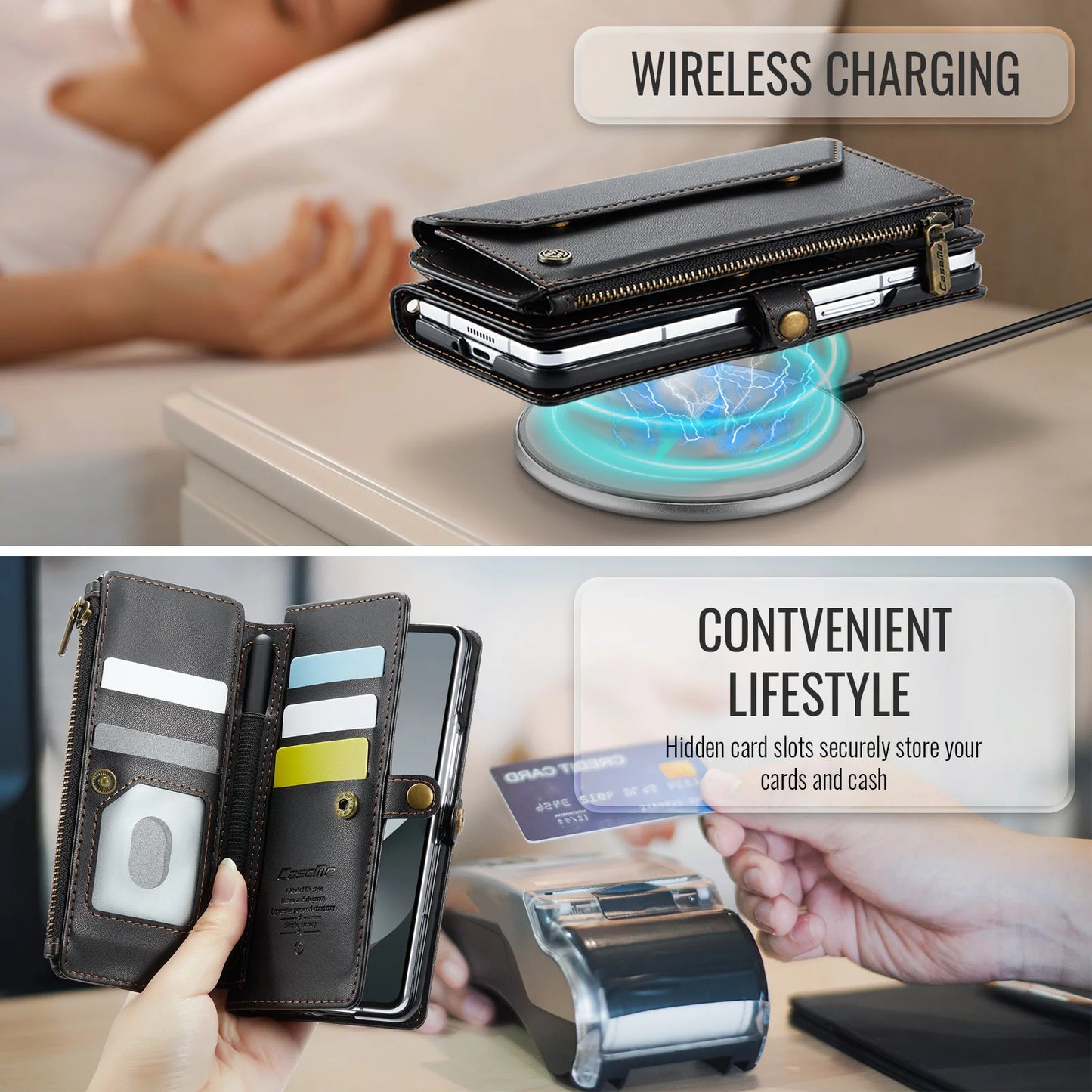 Étui portefeuille pour Samsung Galaxy Z Fold – Cuir PU avec sangle, fermeture éclair et porte-cartes (modèles 4/5/6/7)