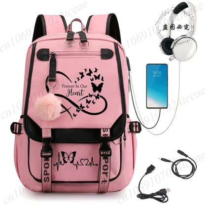 HeartWings™ – Elegante mochila escolar USB con estampado de mariposas y corazones 