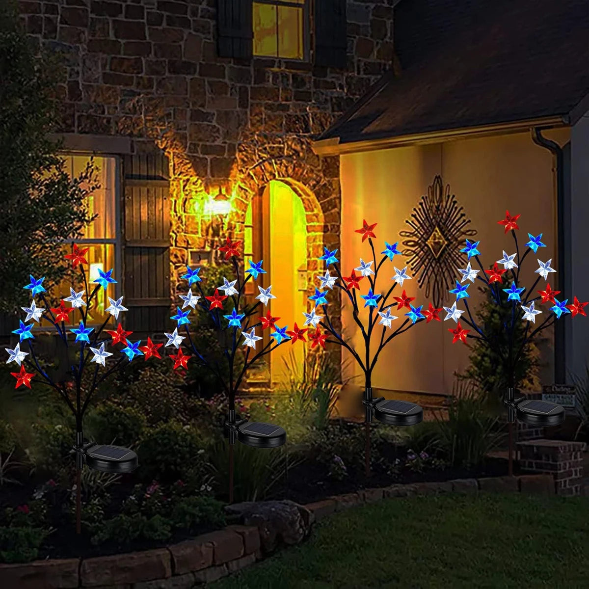 1/2PCS 15LED Red White Blue Star Solar Lights Outdoor Waterproof Fairy Atmosphere Night Light Independence Day 4th Of July Decor