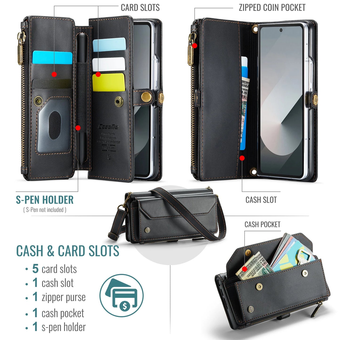 Étui portefeuille pour Samsung Galaxy Z Fold – Cuir PU avec sangle, fermeture éclair et porte-cartes (modèles 4/5/6/7)