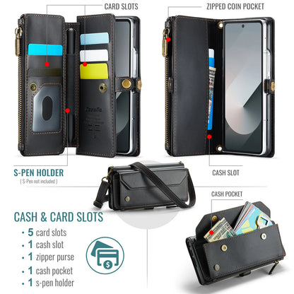 Étui portefeuille pour Samsung Galaxy Z Fold – Cuir PU avec sangle, fermeture éclair et porte-cartes (modèles 4/5/6/7)