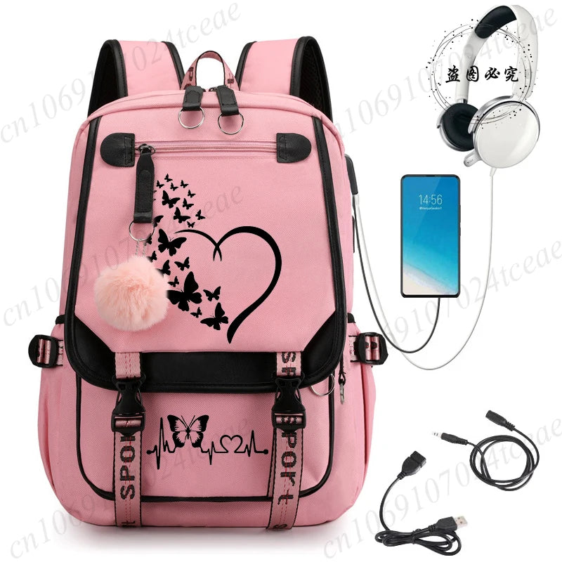 HeartWings™ – Elegante mochila escolar USB con estampado de mariposas y corazones 