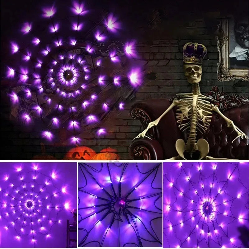 Halloween Spider Web String Lights – 1.2m 70-LED Waterproof Purple Net Light for Party & Outdoor Decor