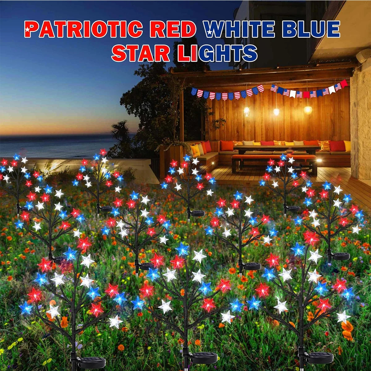 1/2PCS 15LED Red White Blue Star Solar Lights Outdoor Waterproof Fairy Atmosphere Night Light Independence Day 4th Of July Decor