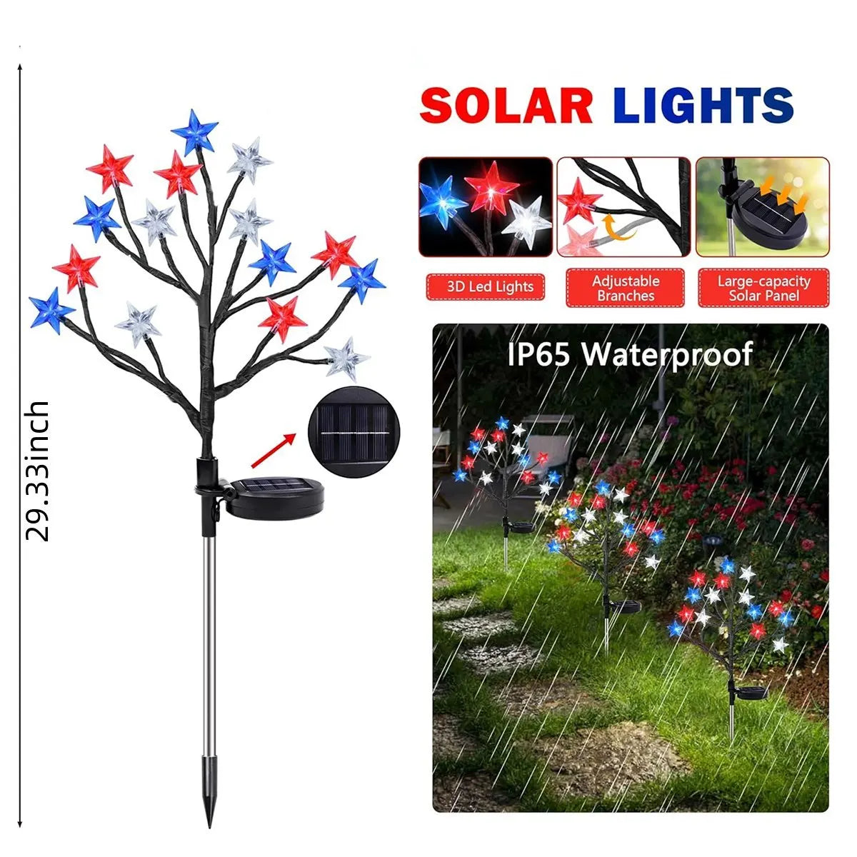 1/2PCS 15LED Red White Blue Star Solar Lights Outdoor Waterproof Fairy Atmosphere Night Light Independence Day 4th Of July Decor
