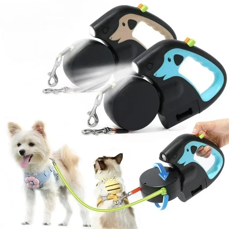 3M Retractable Leash for 2 Dogs with Flashlight & Poop Bag Holder