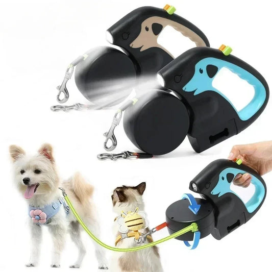Correa retráctil 3M para 2 perros con linterna y soporte para bolsas de excrementos 