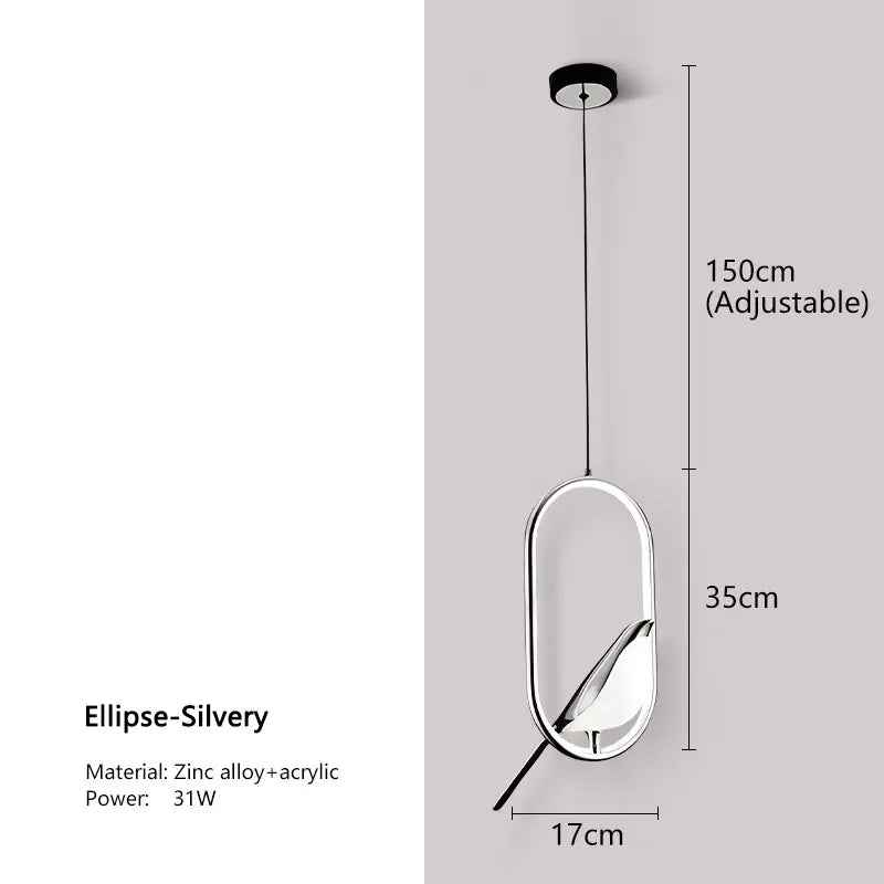 Magpie Bird LED Pendant Lamp – Modern Black & Silver Hanging Light for Bedroom & Living Room