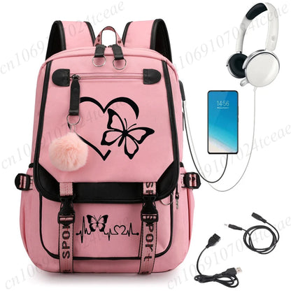 HeartWings™ – Elegante mochila escolar USB con estampado de mariposas y corazones 