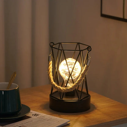 Iron Cage LED Night Light – Battery-Powered Decorative Table Lamp for Bedroom & Living Room