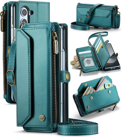 Étui portefeuille pour Samsung Galaxy Z Fold – Cuir PU avec sangle, fermeture éclair et porte-cartes (modèles 4/5/6/7)