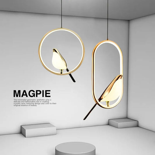 Magpie Bird LED Pendant Lamp – Modern Black & Silver Hanging Light for Bedroom & Living Room