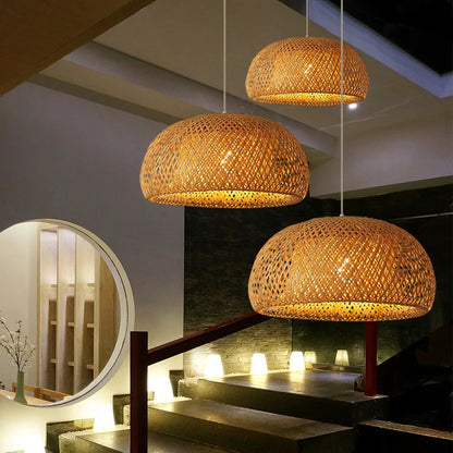 Handmade Bamboo Pendant Lamp – 38cm Natural Rattan Wicker Hanging Light with E27 LED Lampshade