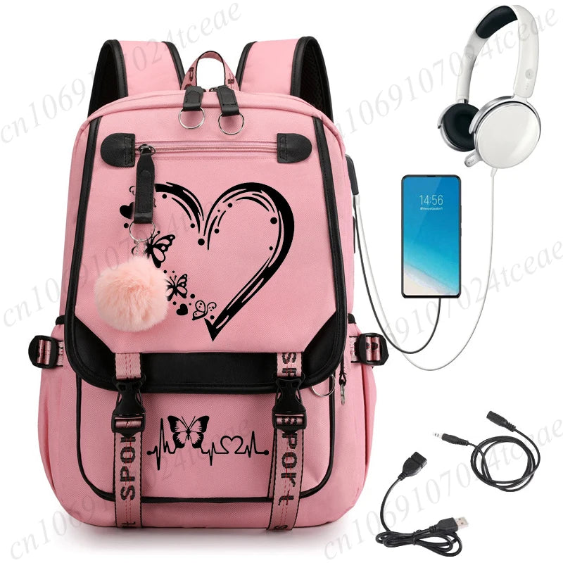 HeartWings™ – Elegante mochila escolar USB con estampado de mariposas y corazones 
