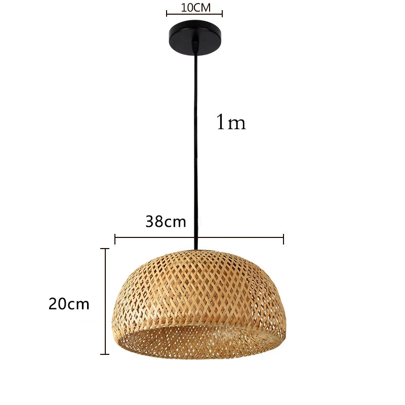 Handmade Bamboo Pendant Lamp – 38cm Natural Rattan Wicker Hanging Light with E27 LED Lampshade
