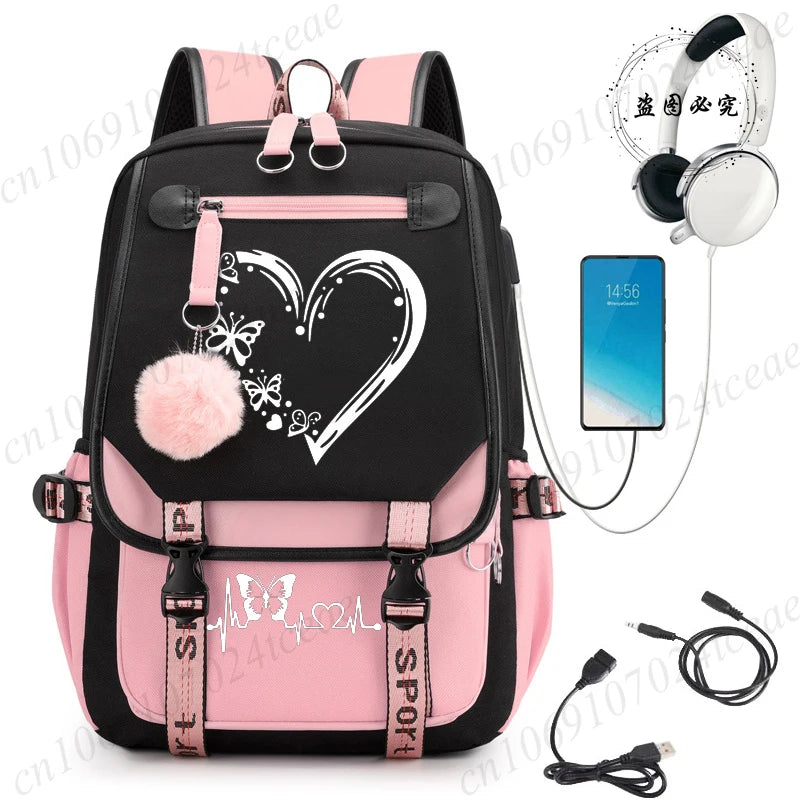 HeartWings™ – Elegante mochila escolar USB con estampado de mariposas y corazones 
