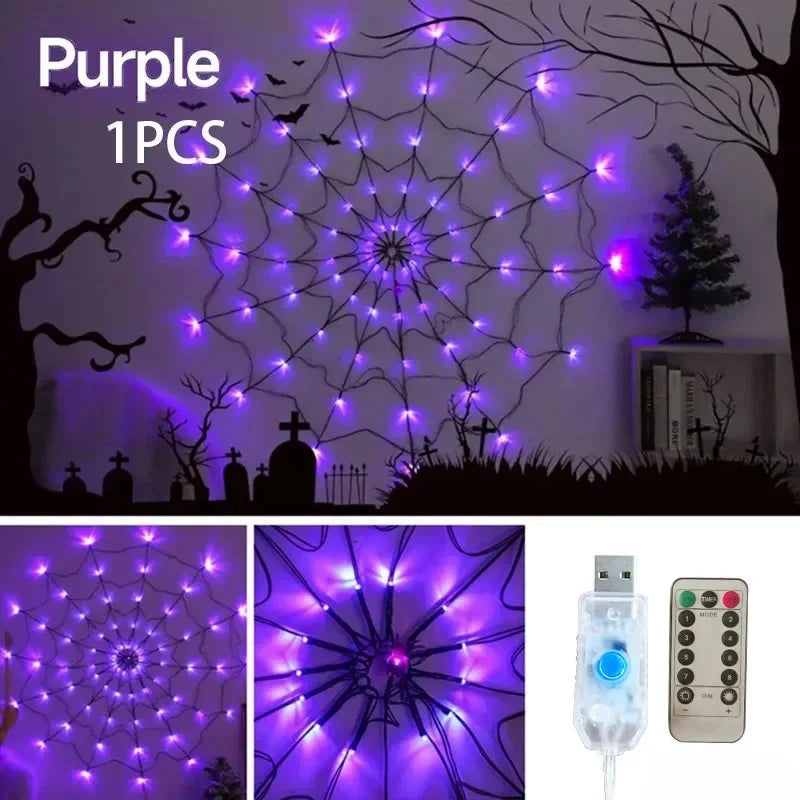 Halloween Spider Web String Lights – 1.2m 70-LED Waterproof Purple Net Light for Party & Outdoor Decor