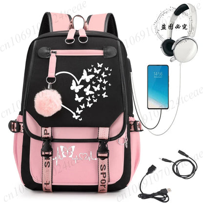 HeartWings™ – Elegante mochila escolar USB con estampado de mariposas y corazones 