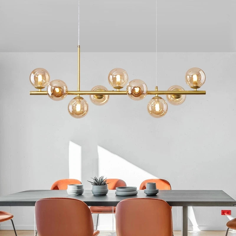 Nordic Modern LED Pendant Gold Light Glass Ball 11 Heads Hanging Lamp for Kitchen Living Dining Room Suspension Luminaire Design