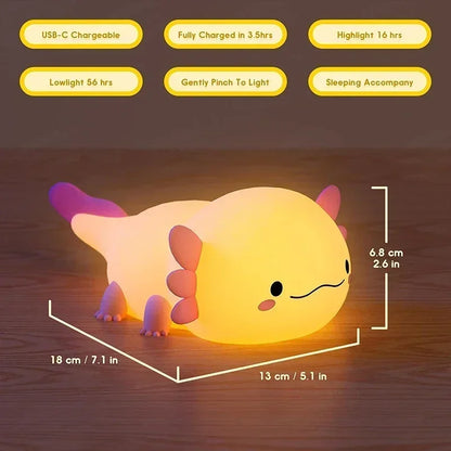 Cute Axolotl Silicone Night Light – Touch-Controlled USB Rechargeable Lamp